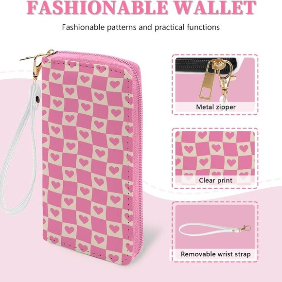 Pink plaid women's RFID blocking wristlet wallet, large capacity, zip around - Picture 4 of 7
